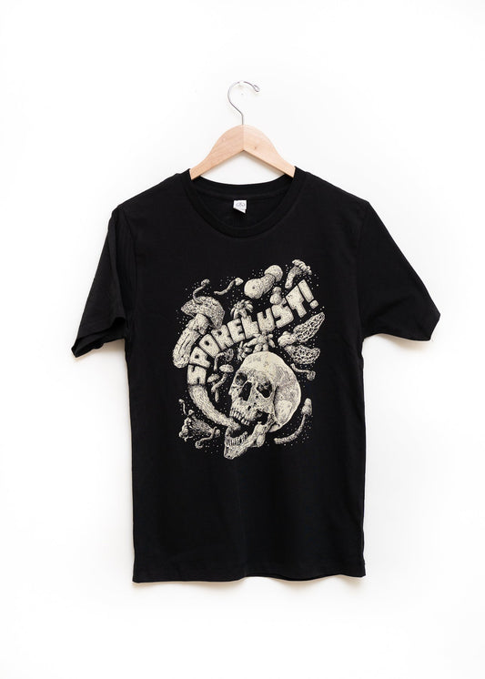 Sporelust! Yeller Mushroom Tee, Black Organic Cotton