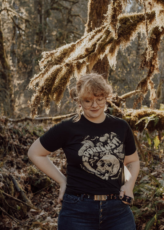 Sporelust! Yeller Mushroom Tee, Black Organic Cotton